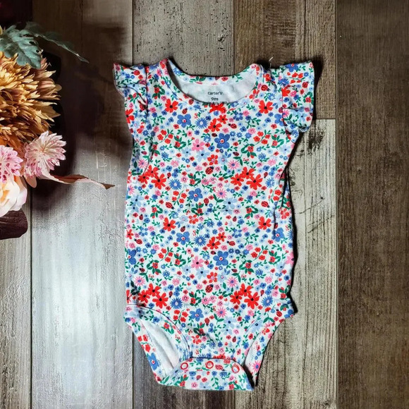 Carter's White Floral Wildflower Lady Bug One Piece Bodysuit Cotton Size 9m NWOT - Picture 1 of 11